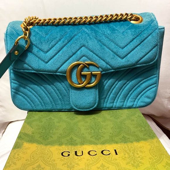 Gucci Handbags - Authentic GUCCI Blue Velvet GG Marmont Shoulder Bag